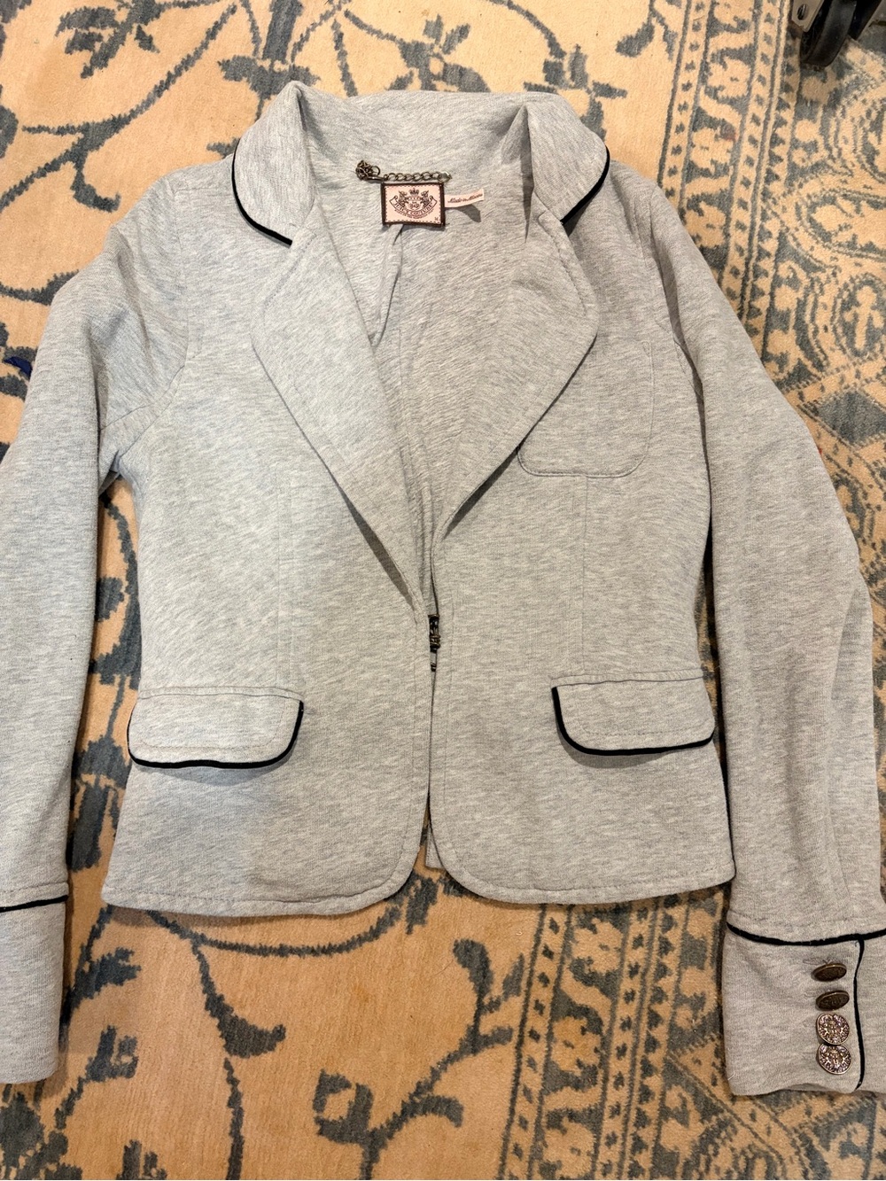 Juicy Couture Women's Light Gray Knit Blazer with Black Piping